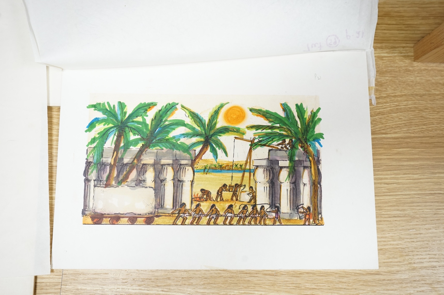 Angus McBride (1931-2007), five illustrations from 'One day in Tutankhamun's Egypt' to include Processions, Pyramid building and Studies of Pharoahs, watercolour and gouaches, largest 38 x 80cm, unframed, together with t